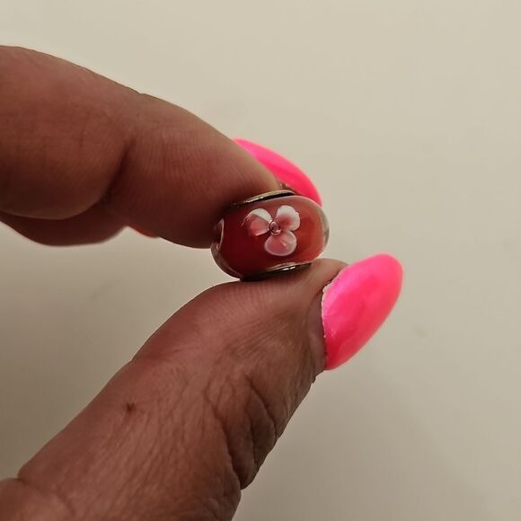 Murano Glass Bead Flower Charm 925 Burgandy - Picture 8 of 16
